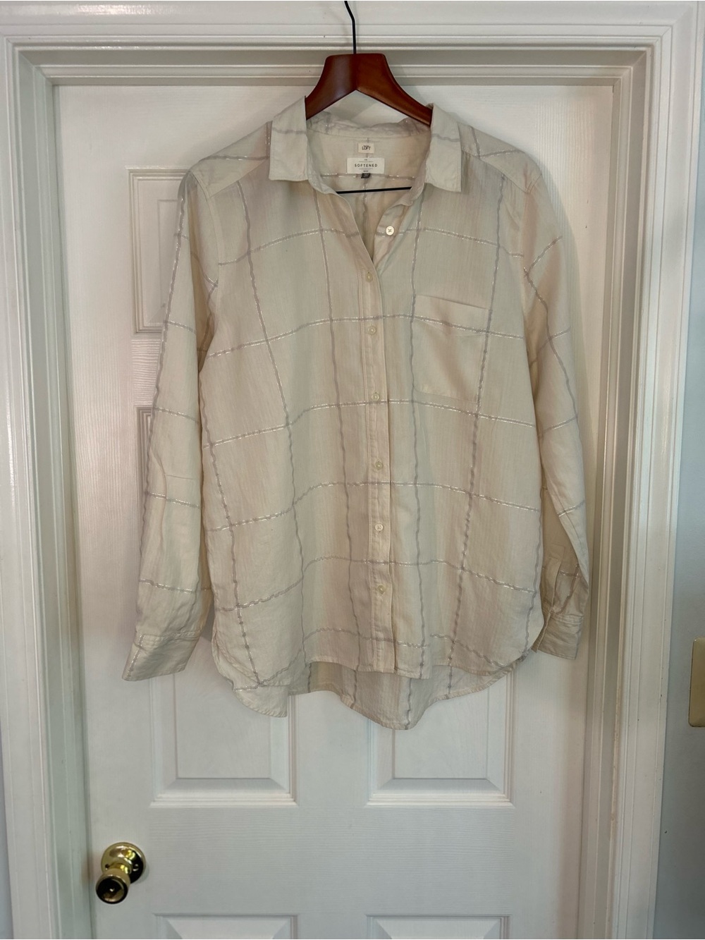 LOFT Cream Windowpane Button-Down Shirt with silver thread
